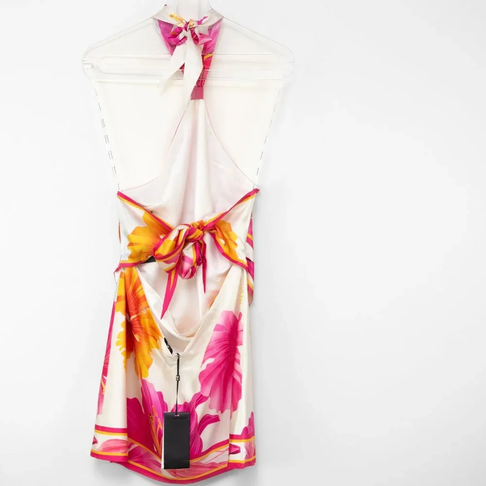 Retrofête Adelaide Floral Silk Halter Mini Dress Pink Yellow White Large New - Picture 2 of 9